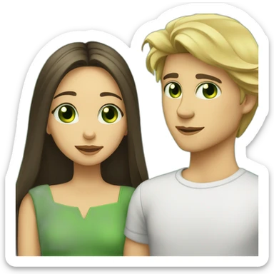 a blond boy with green eyes kisses a brunette girl with long straight hair and  green eyes on the cheek sticker