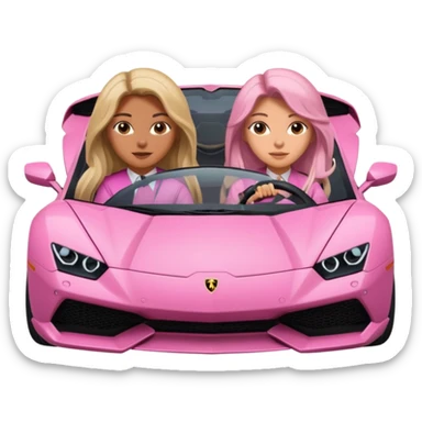 Make car far away so I can see full car Car facing forward in sports car. Make hair long  One girl isFront of car sitting in the seats. Make it a pink sports car. They are two baddies make it a Lamborghini pink car  sticker