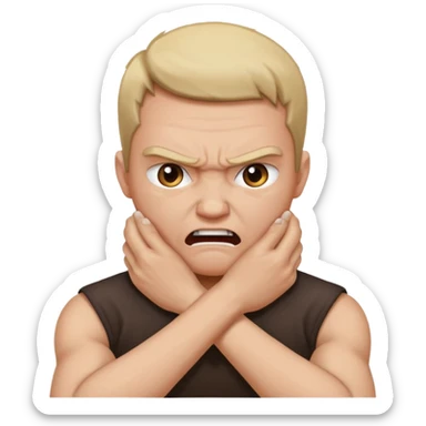 Grabbing throat with hands and looking angry with arms crossed and under chin sticker