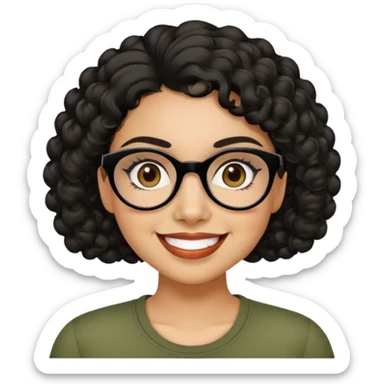Hispanic woman with light tan skin. Round face with dimples. Dark eyes with black glasses. Thick eyebrows. Short curly black hair. Big smile. Wearing olive green top. sticker