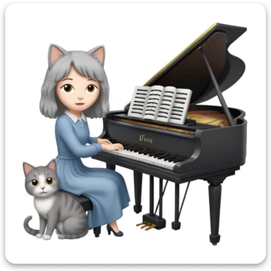woman playing piano while her cat sits on top of the piano sticker