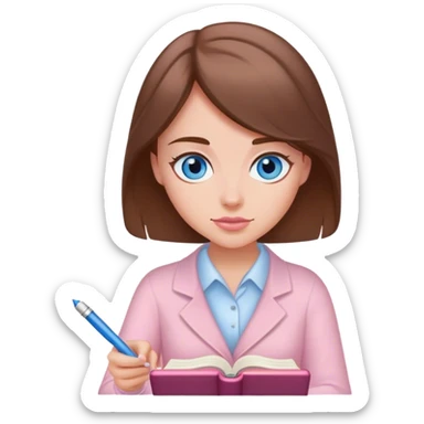 female writer, romantic, brown haired, fair skinned and blue eyed writing a light pink romance book sticker