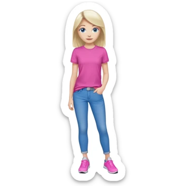 beautiful girl with fair hair, blue eyes, in a vivid pink shirt, grey jeans and white trainers sticker