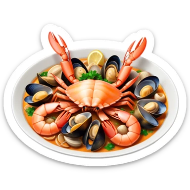 Cinematic Realistic Buzara Seafood Dish Emoji, depicted as a rustic, flavorful seafood stew with shellfish rendered with rich textures and dynamic, maritime lighting. sticker
