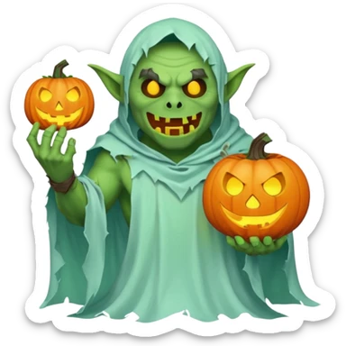 male orc ghost emoji, green skin, tusks, wearing torn white ghost sheet costume, holding glowing jack-o'-lantern, faint blue aura, friendly but spooky expression, Halloween fantasy theme, Apple emoji style, clean white background, square sticker