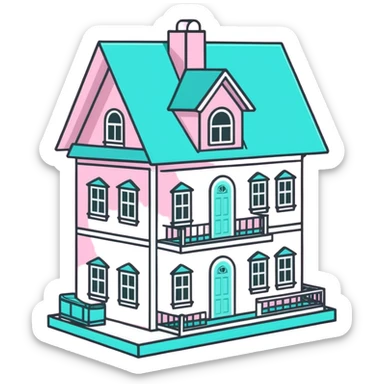 cute pastel pink dollhouse with miniature furniture sticker