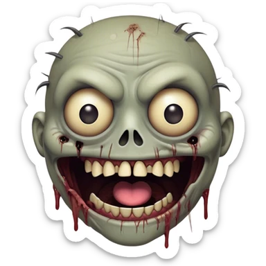 Cinematic Comical Zombie Portrait Emoji, with a grotesquely exaggerated yet playful decaying face in muted ashen tones, head cocked in a dramatically shocked expression with wildly comical, googly eyes and a gaping, silly grin revealing quirky stitches, simplified yet hilariously expressive, highly detailed with a soft eerie glowing outline capturing the absurd humor of a zombie in comic disbelief! sticker