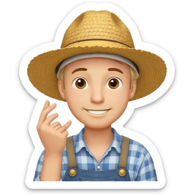 “A single emoji-style character combining 👨‍🌾😄 and 🤔: a smiling farmer with a straw hat, one hand under his chin in a strong thinking gesture, eyes looking upward thoughtfully, expressive face, clean flat emoji design, bold outlines, soft colors, transparent background.” sticker