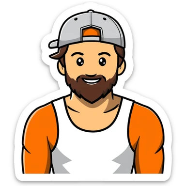 Alex Hormozi, white man with mid-long hair wearing a cap, big beard, smiling, white tank top sticker