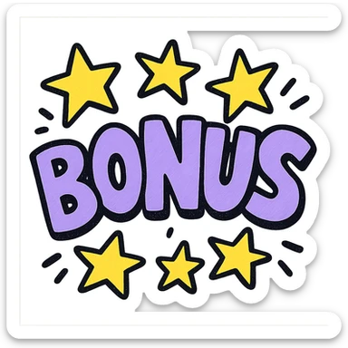 the word BONUS in large letters, all the same vibrant color, surrounded by stars, no background or sign behind, just the letters and stars, vibrant cartoon style QUIERO EXACTAMENTE IGUAL SOLO QUE LAS LETRAS DEBEN SER VIOLETA PASTEL Y LAS ESTRELLAS AMARILLAS sticker