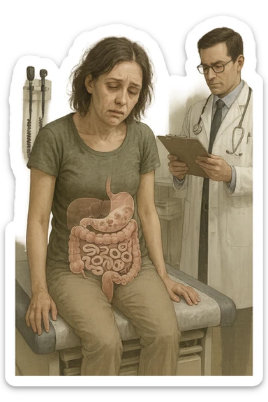 a woman in her 30s sits slumped on a doctor’s examination table, her face pale and eyes sunken with deep fatigue. A transparent overlay on her abdomen reveals stylized images of internal parasites, such as worms or protozoa, inside her digestive tract. The doctor stands nearby, reviewing medical charts. The mood is clinical and educational. sticker