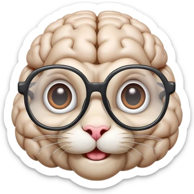 A brain with rabit teeth and wide doa eyes and glasses sticker