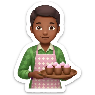 A young black vendor boy with pink cheeks, holding a tray of marshmallow-topped cocoa wearign green patterned apron sticker