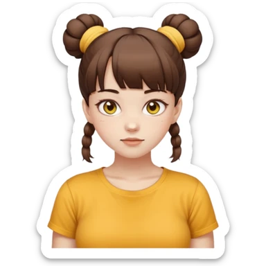 beautiful girl with brown hair with up twin buns style only, straight bangs, yellow eyes, milk brown tshirt, white skin, her body is a little fat  sticker
