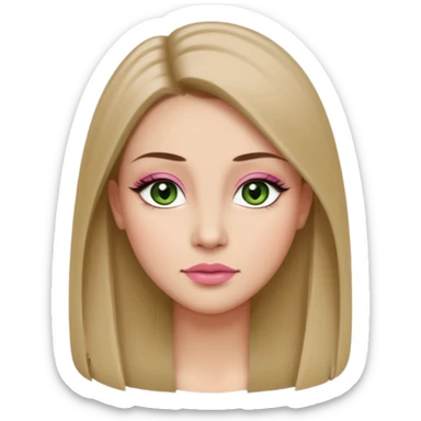 ,Adult woman avatar, light skin tone, oval face, long straight ash-brown hair, green almond-shaped eyes with dramatic eyelashes and minimal eyeliner, neutral mouth, medium straight eyebrows, small nose, natural pink lips, smooth skin with light natural blush sticker
