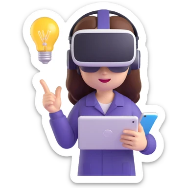 emoji-style 3D glossy character with VR headset, digital tablet in hand, lightbulb above head, modern minimal design, cute and curious expression sticker