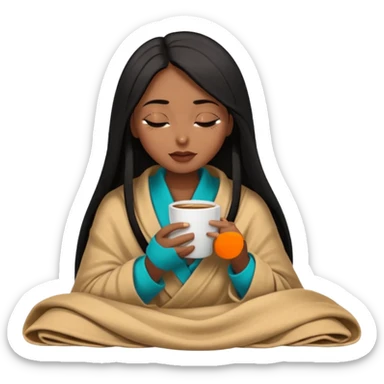 Chocolate brown girl with long straight jet black hair wrapped inside a tan blanket sipping coffee eyes closed sticker