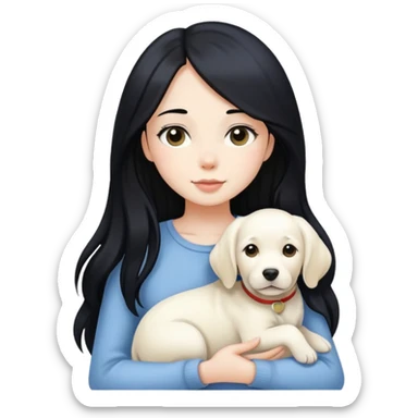 A beautiful girl with long black hair and fair skin is holding a white Labrador sticker