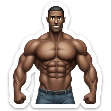 A muscular man with veins visible across his chest, but his arms are extremely thin, creating a striking contrast with his well-defined six-pack. His exaggerated physique, with unusually thin arms, creates a surreal and intense visual. sticker