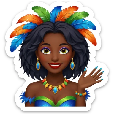 i need the same girl in "dark skin girl, dark red lipstick, nails very beautiful" to be smiling in "carnival mas costume, blue, green and orange preferably, full costume feathers at the back" she is to be smiling, hair should be dark shoulder length, black nail polish on her fingers  sticker