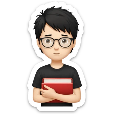 generate a pretty bratz fair skinned boy with black messy hair wearing a black tshirt looking bored n tired. Glasses on. holding books sticker