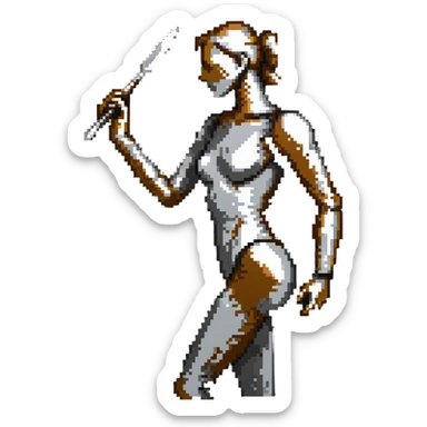 A paintbrush transforming into a silver metallic human silhouette sculpture with bronze accents, symbol of artistic identity sticker