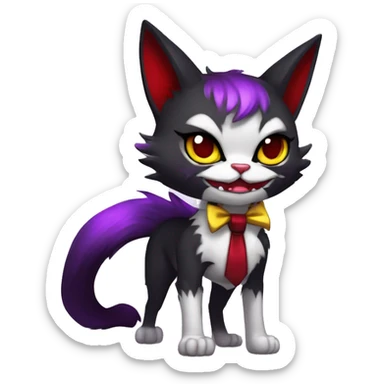 Cute-Evil-Vampiric-Batty-Cat-Black-Purple-Red-Yellow-Contrast-Colors-Fantasy-Fur-Sona-Chibi-Shiny-Fakémon-Hybrid with horns and big fangs neck bow white tie leg spats full body sticker