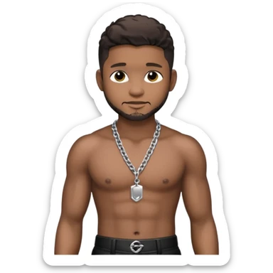 Usher with metallic black pants, shirtless with necklace, dark brown hair sticker