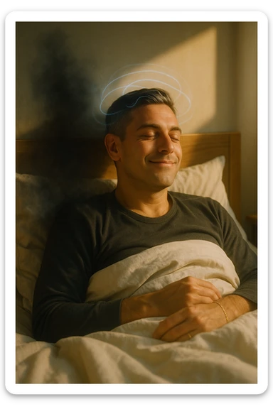 A cinematic image of a man in his mid-30s lying in bed, just waking up from deep sleep. His expression is calm and visibly transformed — a sense of inner peace, relief and subtle joy on his face. Soft morning light enters the room, casting gentle golden tones over his features. His eyes sono ancora semi chiusi, ma il viso è disteso, come se un grande peso fosse stato rilasciato durante la notte. Accanto a lui, simbolicamente sfocato, un’ombra o un alone scuro si dissolve, rappresentando il malessere notturno superato. Intorno alla sua testa, leggere onde di luce azzurra o bianca simboleggiano l’attività cerebrale rigenerativa della fase REM. La camera è ordinata, minimalista, con materiali naturali. L’atmosfera è serena, rigenerativa, intima. Shot in 35mm film style, high realism, shallow depth of field, warm highlights and clean shadows. sticker