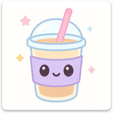 sweet tea cup with a lavender colored sleeve and a pink straw, kawaii style sticker