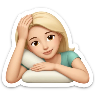 Exhausted but smiling woman with head resting on palm sticker