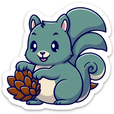 Greedy little squirrel with a large pine cone balanced on top of its head, with an unsettling strange expression, looking hungry sticker