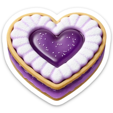 Realistic shortbread cookie in the shape of a heart with purple pastel jelly middle filling and sprinkled powder sugar on top. sticker