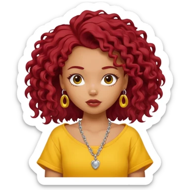 generate a pretty bratz girl with an oversized yellow tshirt falling off her shoulders, wearing a silver dainty necklace, curly dark red hair sticker