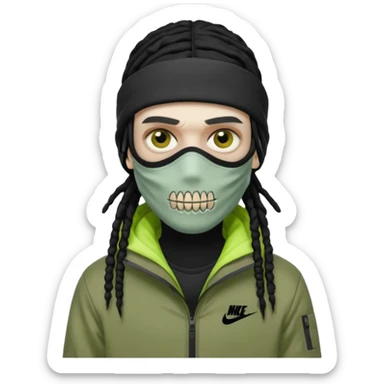 a zombie with black dreads and a nike jacket and nike ski mask on his head sticker