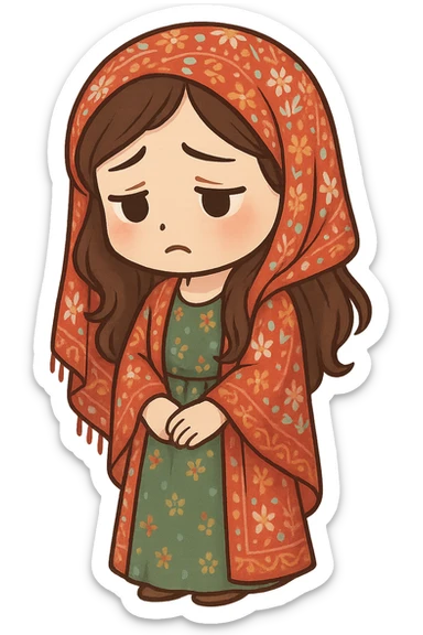 Kurdish woman in traditional dress jamadani, sad mood, cartoon style, sitting or standing with a sad face, no text sticker
