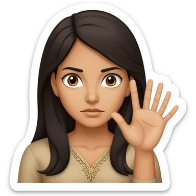 Hispanic woman with long hair, determined, hand out saying “no” sticker