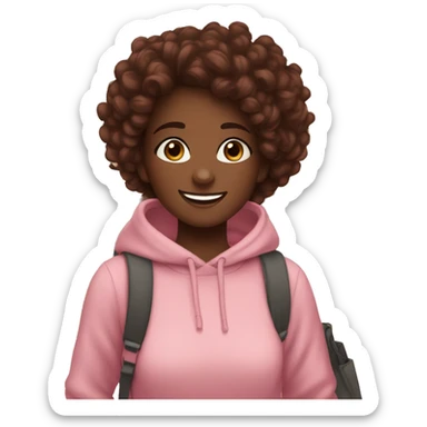 Girl smiling, walking through the mall, dark skin, in a pink sweater, wearing white sneakers, curly hair in a bun on top of her head, marsala hair color, brown eyes, with bags in her hands. sticker