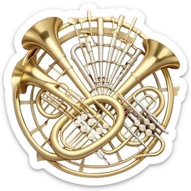 Create a festive and elegant emoji collage featuring a bouquet or fan of bells of wind instrument  (trumpets, saxophones, trombones, tubes, etc.) arranged in a radiant, symmetrical pattern. The instruments should have polished, golden and silver finishes, with their large, shiny bells forming a beautiful, fan-like display. Include a flowing ribbon of musical notes swirling through the center, conveying movement and melody. The background should feature a deep red velvet texture, adding a touch of luxury and sophistication. The overall composition should be balanced, with an elegant and regal feel, with a transparent background to keep focus on the instruments and musical elements. sticker