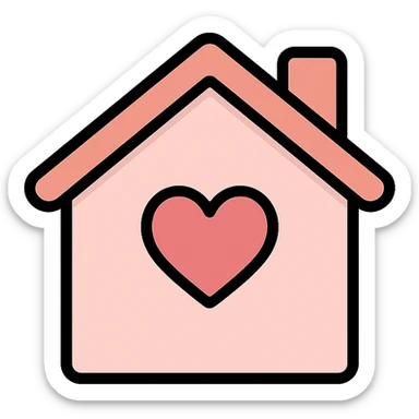 vector icon of a feminine home in rose gold and blush pink, flat minimal design, soft glow, white background, with a heart accent sticker