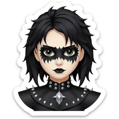 Crea una ragazza con stile black metal,  paint face black metal, capelli neri, mossi dalle spalle e occhi bianchi e un collare con borchie a punta sticker
