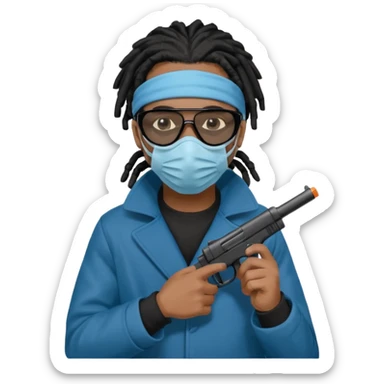 African American man with shoulder length black dreadlocks  wearing black sunglasses wearing a black winter coat wearing a blue hospital mask covering mouth and nose  holding a gun in hand sticker