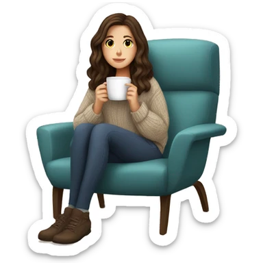 Brunette white girl autumn vibe wearing sweater sitting on a cozy chair holding coffee sticker