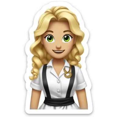 Waitress with white shirt and black apron, there is a cursive G in the upper left corner of the apron, curly blonde hair in a pony tail, green/hazel eyes, lots of boho jewelry and bracelets  sticker