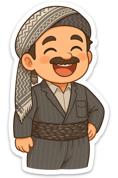 Cartoon sticker of a Kurdish man with the same clothes and scarf as the reference image, no changes to clothes or scarf, face with loud laughter and big smile, colorful and cheerful, no text, suitable for WhatsApp and Instagram, transparent background. sticker