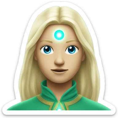 nordic pleiadian in green clothing with thin face long blonde hair and blue eyes third eye glowing sticker