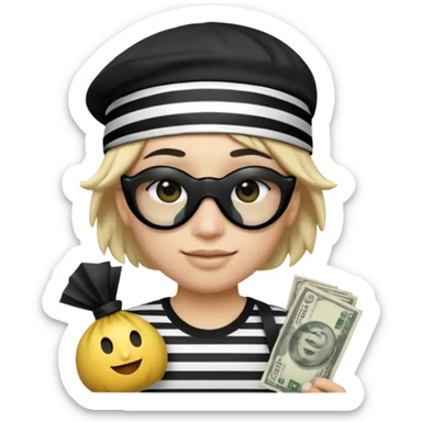 Realistic ios emoji-style portrait of a classic burglar, a black eye mask and a black-and-white striped shirt. Highly detailed, natural skin texture, realistic shadows, smooth gradients, glossy reflections in the eyes. emoji-like hair, black hat, an ios emoji bag of money in a right corner  sticker