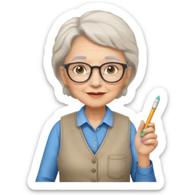 woman teacher, old, wearing vest, wearing glasses, hold chalk on their hand sticker