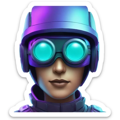 Secret human agent in a futuristic hat with in Apple VR goggles headset code display on the goggles , cyberpunk, cyan and purple colors, only upper body portrait, front facing the camera  sticker