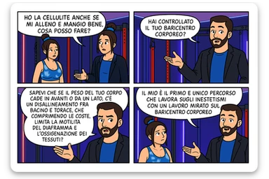 TRASFORMA QUESTO CAROSELLO IN UN FUMETTO CON QUESTE DUE PERSONE IDENTICHE CHE INTERLOQUISCONO TRA LORO:

LEI: Ho la cellulite anche se mi alleno e mangio bene, cosa posso fare?

LUI: Hai controllato il tuo baricentro corporeo?
Sapevi che se il peso del tuo corpo cade in avanti o da un lato, c’è un disallineamento fra bacino e torace, che comprimendo le coste, limita la motilità del diaframma e l’ossigenazione dei tessuti?
Il mio è il primo e unico percorso che lavora sugli inestetismi con un lavoro mirato sul baricentro corporeo. sticker